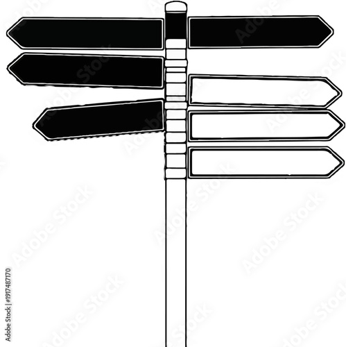 Black and white signpost with multiple directional arrows pointing left and right