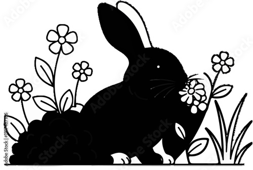 Black bunny eating a daisy in a field of flowers