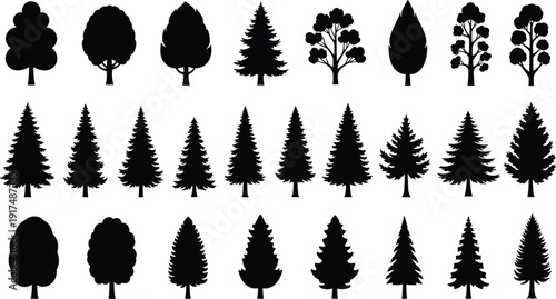 Tree silhouettes set, forest and nature elements, pine fir deciduous trees, botanical shapes, black vector illustration isolated on white