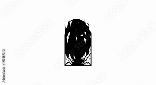 Black, jagged, abstract silhouette resembling an ominous portal or dark figure