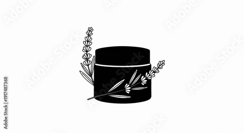 Black jar with lavender sprigs, simple line art illustration
