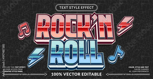 Editable text effect vector “Rock’n Roll” features bold edgy 3D lettering with rebellious vibes, perfect for music events, band posters, concerts, and energetic designs.