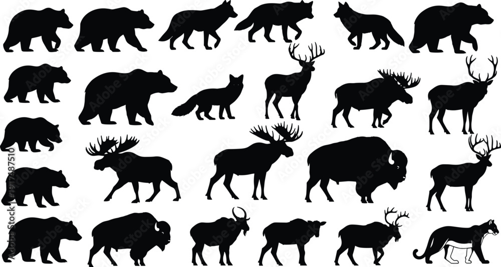 Obraz premium Wild animal silhouette collection with bears, wolves, deer, moose, bison, and forest mammals, black vector wildlife icons isolated on white