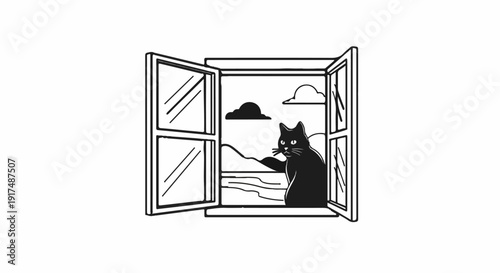 Black cat sits in an open window, gazing at a landscape