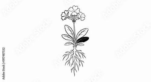 Black and white illustration of a flowering plant with roots exposed