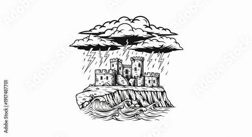 Castle on a rocky island, under stormy skies with lightning and waves