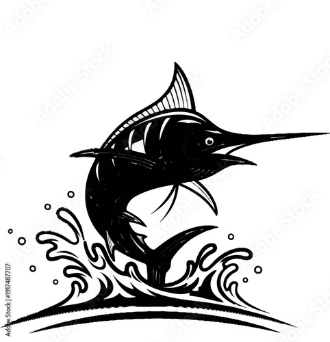 Black marlin leaps from stylized ocean waves, action-packed graphic