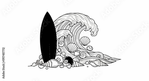 Black surfboard stands before a detailed wave and seashell illustration