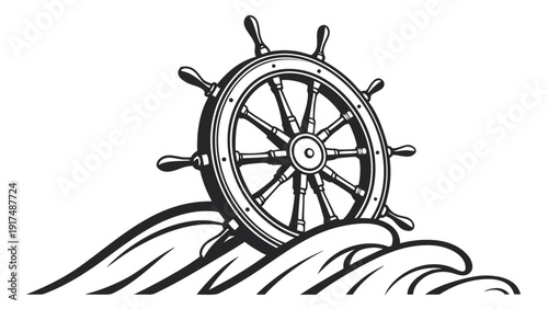 Vintage ship wheel on turbulent waves nautical theme