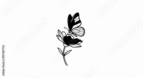 Black and white sketch of a butterfly perched on a flower