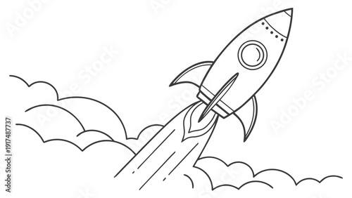 Rocket launching into space with smoke and clouds