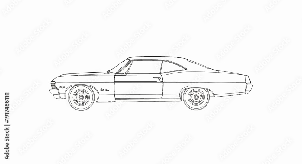 Naklejka premium Classic coupe automobile outlined against a white background, side profile