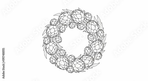 Black and white sketch of a circular wreath of artichokes and leaves
