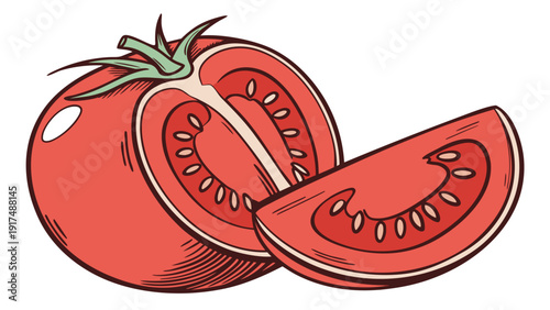 Fresh ripe tomato, sliced in half to reveal juicy interior and seeds, with a single wedge.