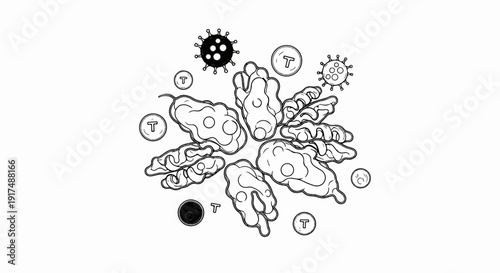 Black and white ink illustration of abstract cell-like shapes and viruses