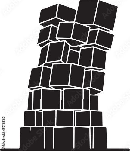 Black cubes stacked precariously in a tower shape