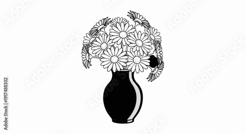 Black vase filled with a bouquet of white daisies, detailed sketch