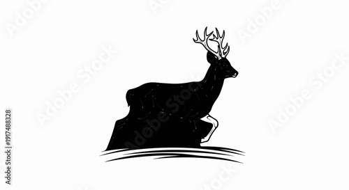 Black deer with antlers stands on a rock with a brush stroke base