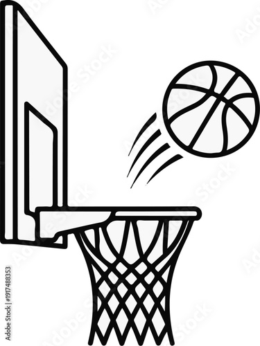 Black and white line art of a basketball in mid-air soaring towards a net