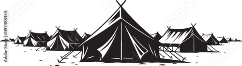 Black and white illustration of a tent village landscape