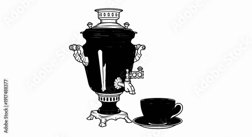 Classic samovar with a steaming cup of tea on a saucer