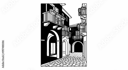 Black and white sketch of a cobblestone alley with balconies and arched doorways