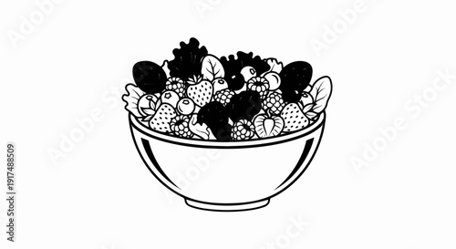 Black and white line art of a full bowl of mixed berries and salad leaves