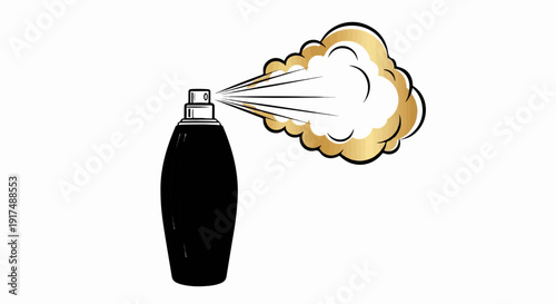 Black perfume bottle spraying golden mist with comic book style