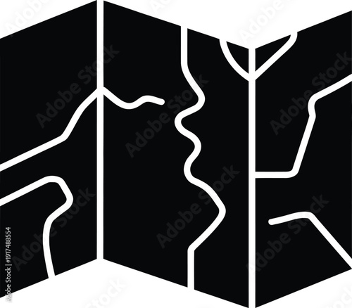 Black silhouette of a folded paper map icon representing travel planning geography road trips navigation outdoor adventures and cartography surveying tools.
