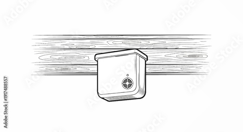 Black and white sketch of a device mounted on a wooden surface