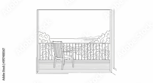 Chair on a deck overlooking a tranquil lake and distant hills