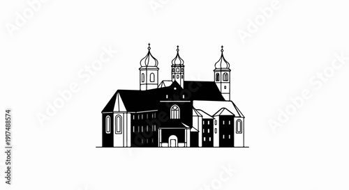 Black and white line art of a large, multi-domed religious building