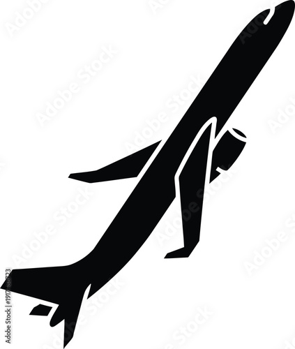 Black silhouette of a commercial airplane flying upward representing air travel global transportation aviation holidays aerospace industry and international flight departures.