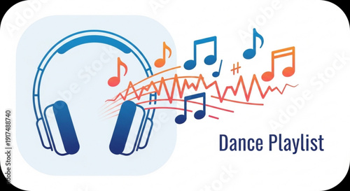 Vibrant dance playlist icon with headphones and colorful music notes on white background