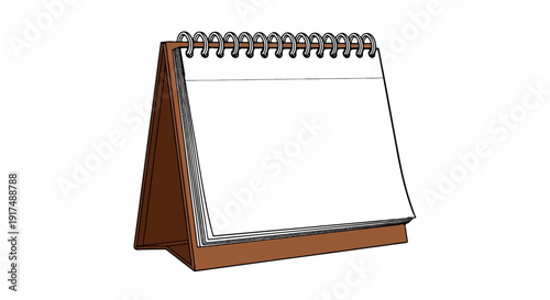 Blank spiral-bound desk calendar with a brown stand and white pages