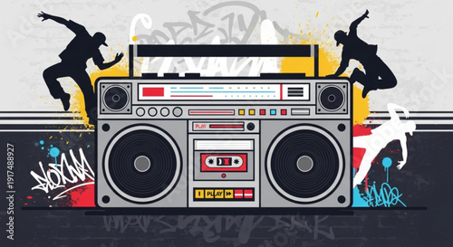 Vintage boombox with dancing silhouettes and graffiti background symbolizing fun and music culture