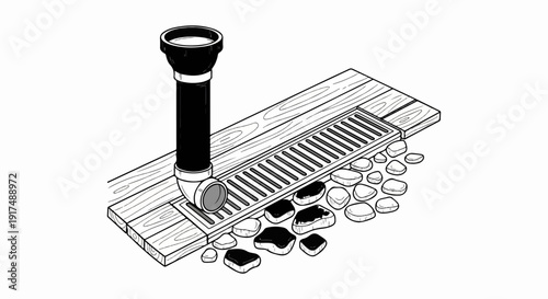 Black pipe connected to a drain grate on wooden planks with rocks