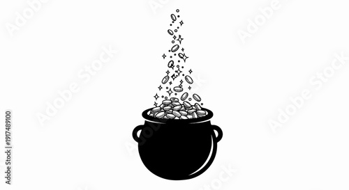 Black pot overflowing with coins and sparkling magic dust
