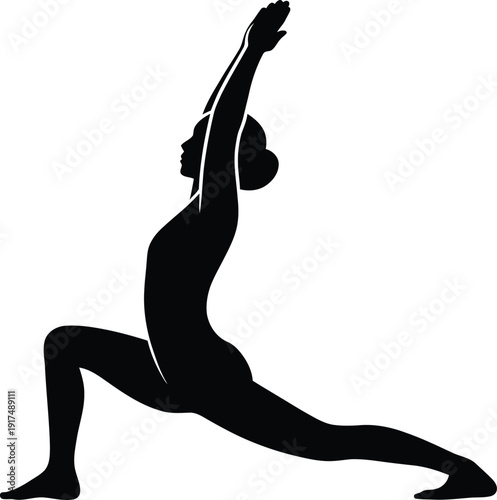 Black silhouette of a woman practicing yoga in a warrior pose for wellness fitness meditation physical health flexibility and mindfulness.