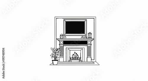 Black and white sketch of a fireplace with a plant, clock, and books