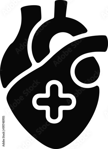 Black silhouette of an anatomical human heart with a medical cross representing cardiology healthcare cardiovascular health surgery hospitals and clinical medicine.