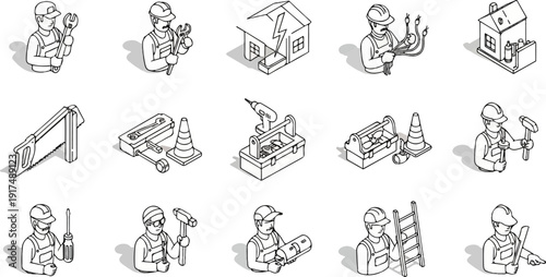 Construction and repair icons workers, tools, house, and equipment