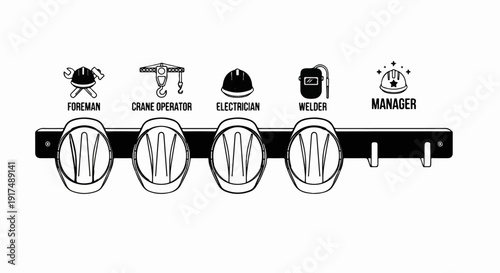 Construction roles depicted with icons foreman, crane operator, electrician, welder, manager