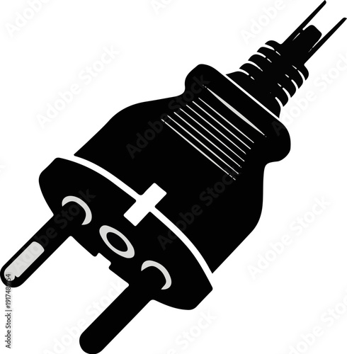 Black electrical plug with three prongs and ribbed cord connection