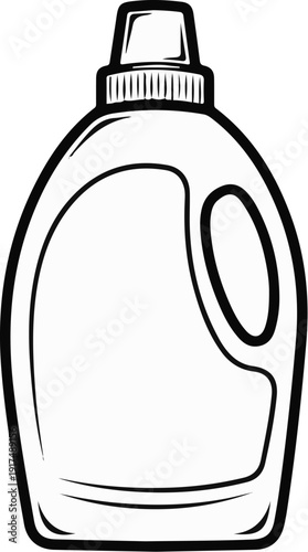 Black and white line art of a plastic liquid container with a handle and cap