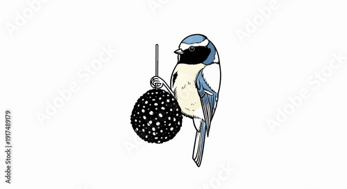 Blue bird perches on a hanging spherical seed feeder