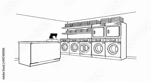 Cleanliness and convenience in a modern laundromat with washing machines, dryers, and a counter