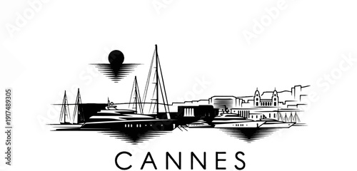 Black and white sketch of a harbor with sailboats, yachts, and city skyline