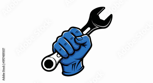 Blue gloved hand grips a black wrench, ready for work