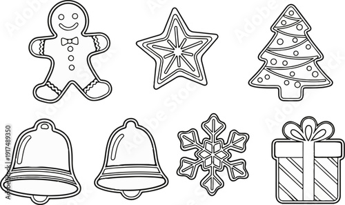 Black and white line art of holiday cookies gingerbread man, star, tree, bells